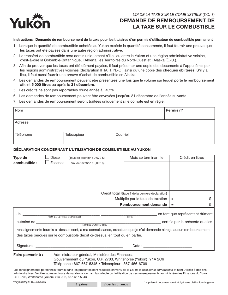 Forme YG1787 Demande De Remboursement De La Taxe Sur Le Combustible - Yukon, Canada (French), Page 1