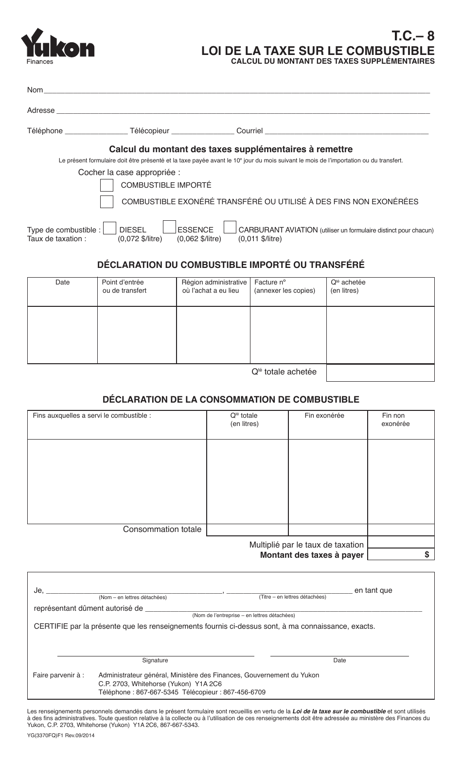 Forme YG3370 Loi De La Taxe Sur Le Combustible - Demande 8 - Yukon, Canada (French), Page 1