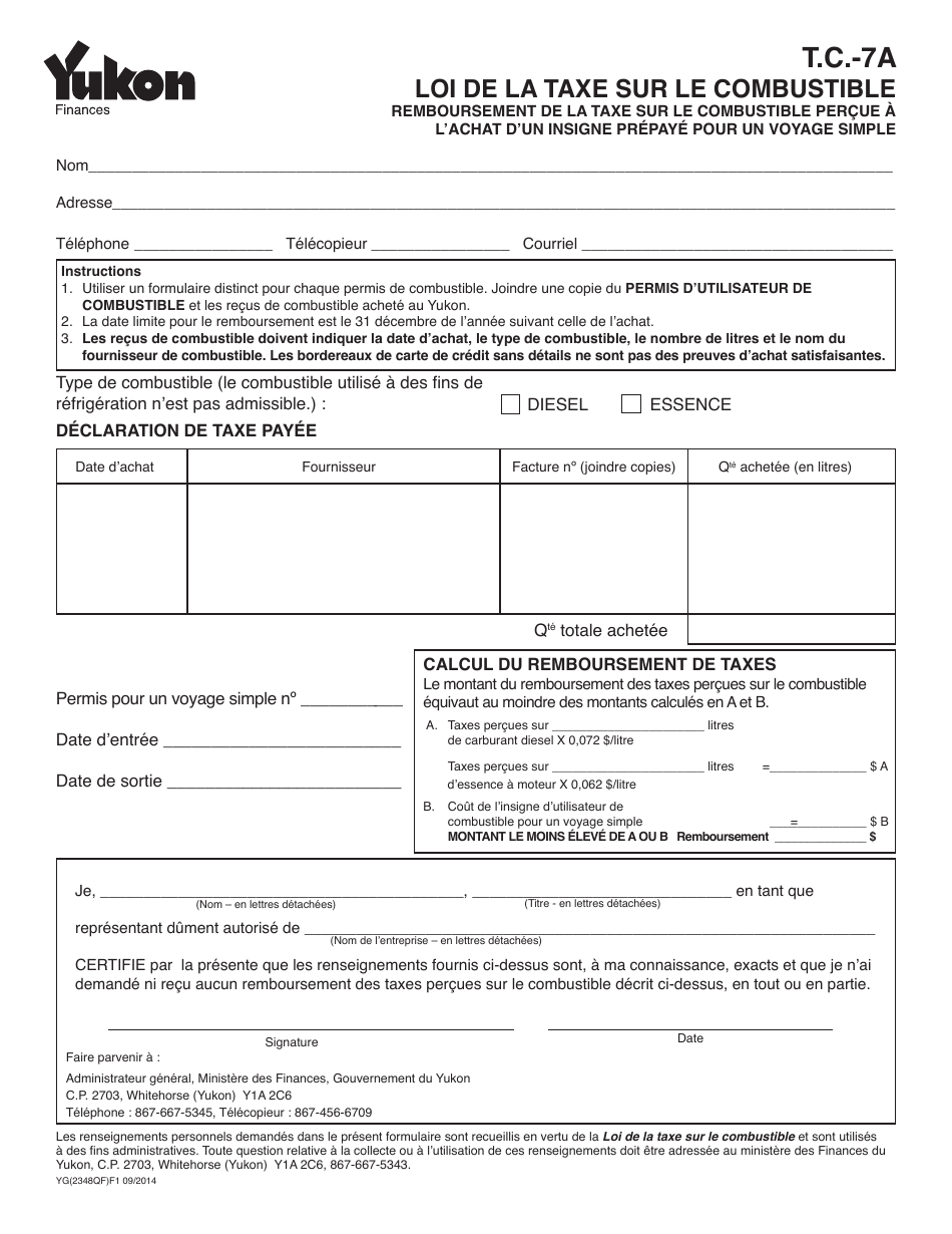 Forme YG2348 Loi De La Taxe Sur Le Combustible - Demande 7a - Yukon, Canada (French), Page 1