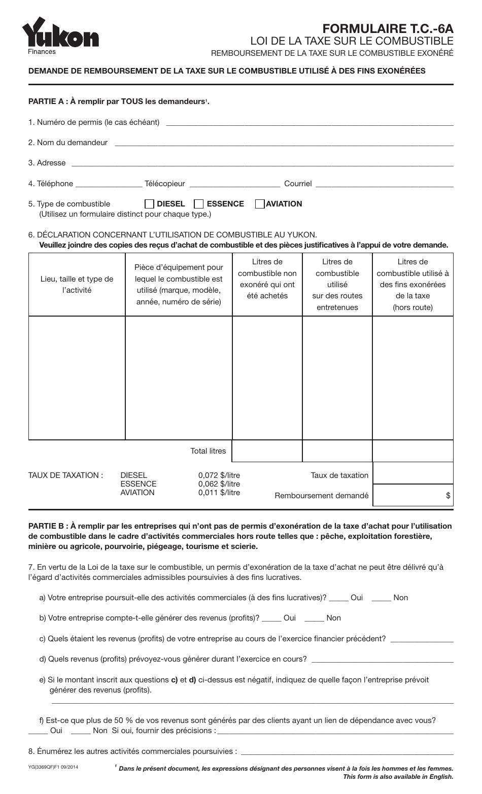 Forme YG3369 Loi De La Taxe Sur Le Combustible - Demande 6a - Yukon, Canada (French), Page 1
