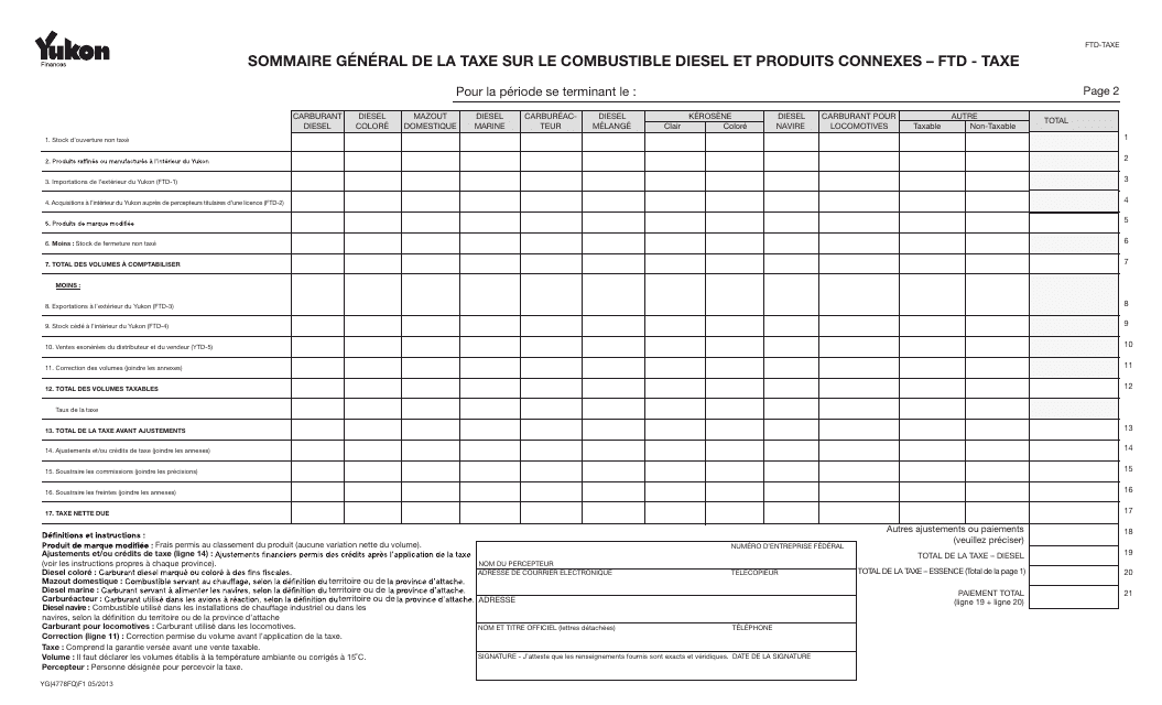 Forme YG4778 Generic Fuel Collector Summary Form Diesel and Related Products - Ftd-Tax - Yukon, Canada (French)