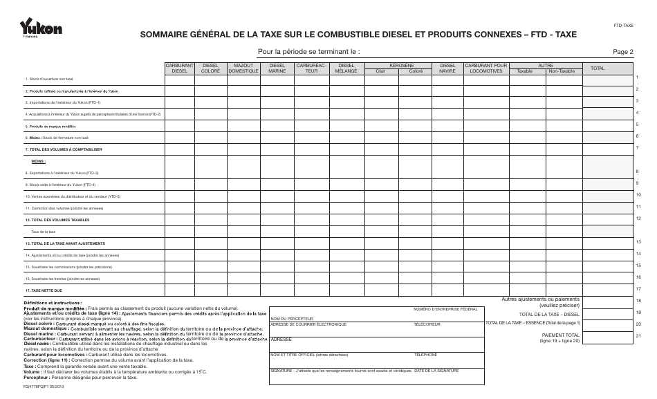 Forme YG4778 Generic Fuel Collector Summary Form Diesel and Related Products - Ftd-Tax - Yukon, Canada (French), Page 1