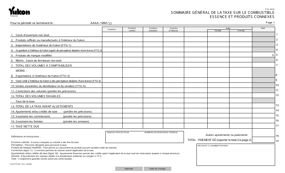 Forme YG4777 Generic Fuel Collector Summary Form - Gasoline and Related Products - Yukon, Canada (French), Page 1
