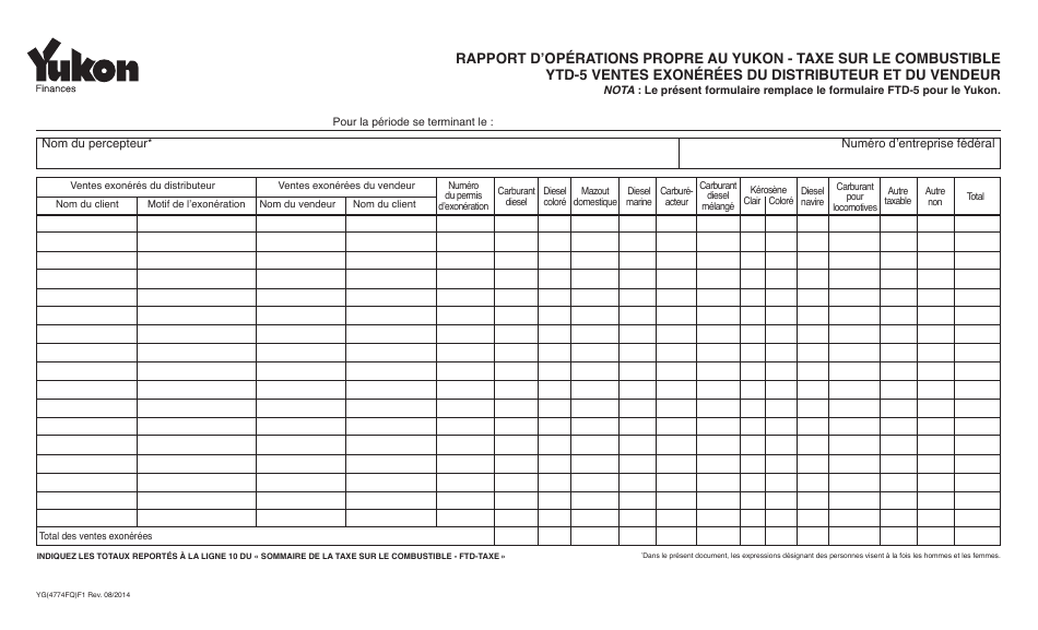 Forme YG4774 Rapport Doperations Propre Au Yukon - Taxe Sur Le Combustible Ytd-5 Ventes Exonerees Du Distributeur Et Du Vendeur - Yukon, Canada (French), Page 1