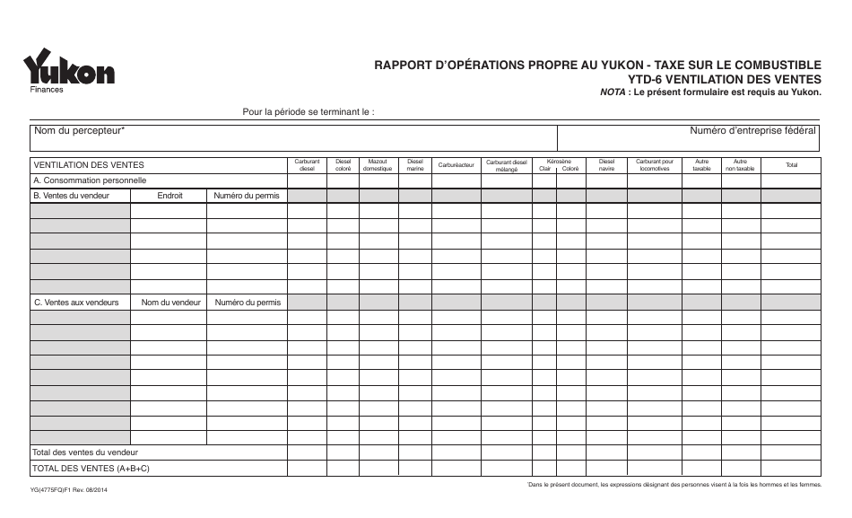 Forme YG4775 Rapport Doperations Propre Au Yukon - Taxe Sur Le Combustible Ytd-6 Ventilation DES Ventes - Yukon, Canada (French), Page 1