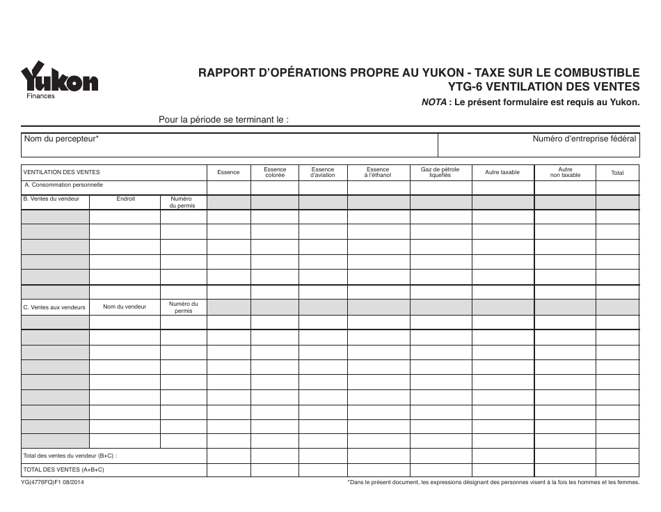 Forme YG4776 Rapport Doperations Propre Au Yukon - Taxe Sur Le Combustible Ytg-6 Ventilation DES Ventes - Yukon, Canada (French), Page 1
