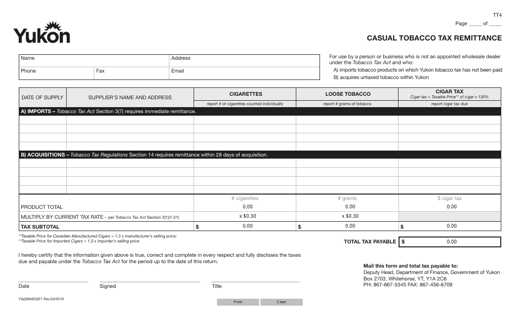 Form YG5894 Casual Tobacco Tax Remittance - Yukon, Canada