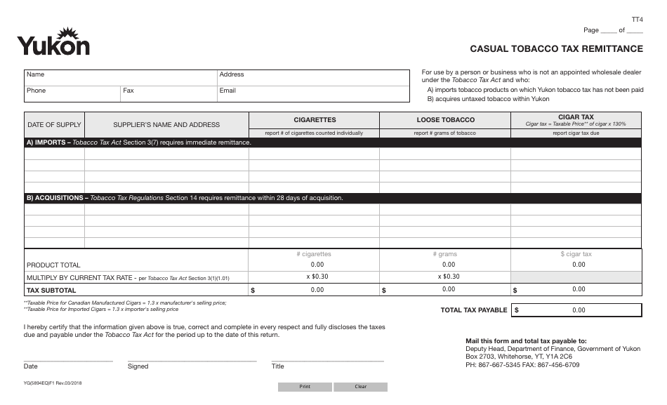 Form YG5894 Casual Tobacco Tax Remittance - Yukon, Canada, Page 1