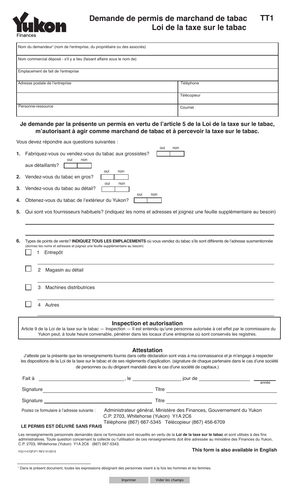 Forme TT1 (YG1141) Demande De Permis De Marchand De Tabac Loi De La Taxe Sur Le Tabac - Yukon, Canada (French), Page 1