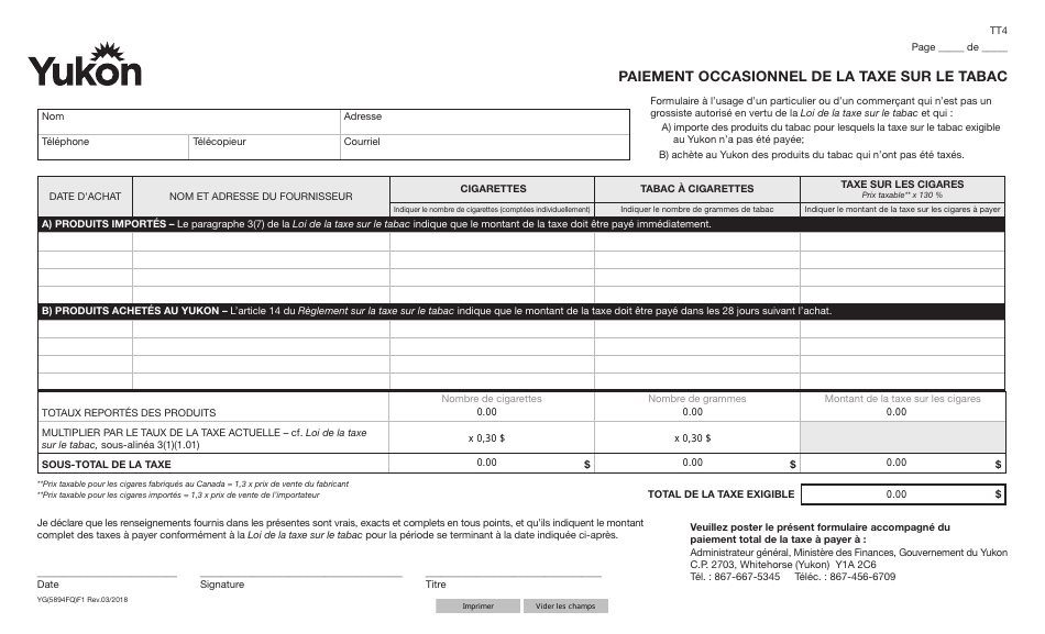 Forme TT4 (YG5894) Paiement Occasionnel De La Taxe Sur Le Tabac - Yukon, Canada (French), Page 1