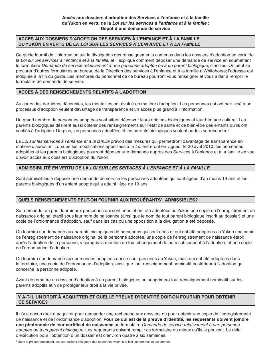 Forme YG5654 Accessing Adoption Records - Application for Service - Yukon, Canada (French), Page 2