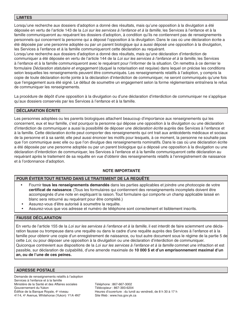 Forme YG5654 Accessing Adoption Records - Application for Service - Yukon, Canada (French), Page 3