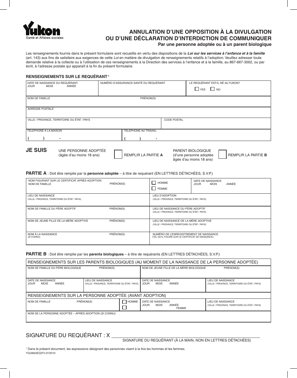 Forme YG5652 Cancel a Disclosure Veto or No-Contact Declaration - Yukon, Canada (French), Page 2