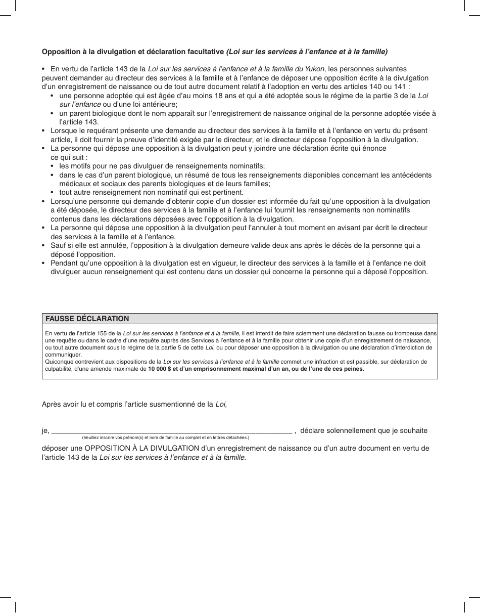 Forme YG5655 Opposition a La Divulgation Et Declaration Facultative Par Une Personne Adoptee Ou Une Parent Biologique - Yukon, Canada (French), Page 3