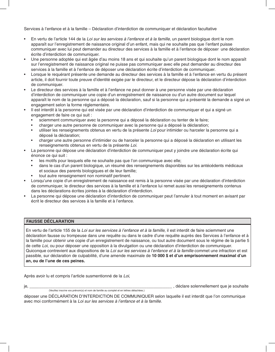 Forme YG5653 Declaration Dinterdiction De Communiquer Et Declaration Facultative Par Une Personne Adoptee Ou Un Parent Biologique - Yukon, Canada (French), Page 3