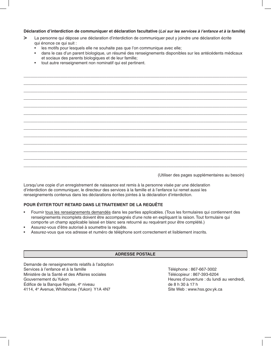 Forme YG5653 Declaration Dinterdiction De Communiquer Et Declaration Facultative Par Une Personne Adoptee Ou Un Parent Biologique - Yukon, Canada (French), Page 4