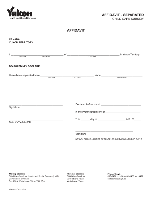 Form YG5351 Affidavit - Separated - Yukon, Canada