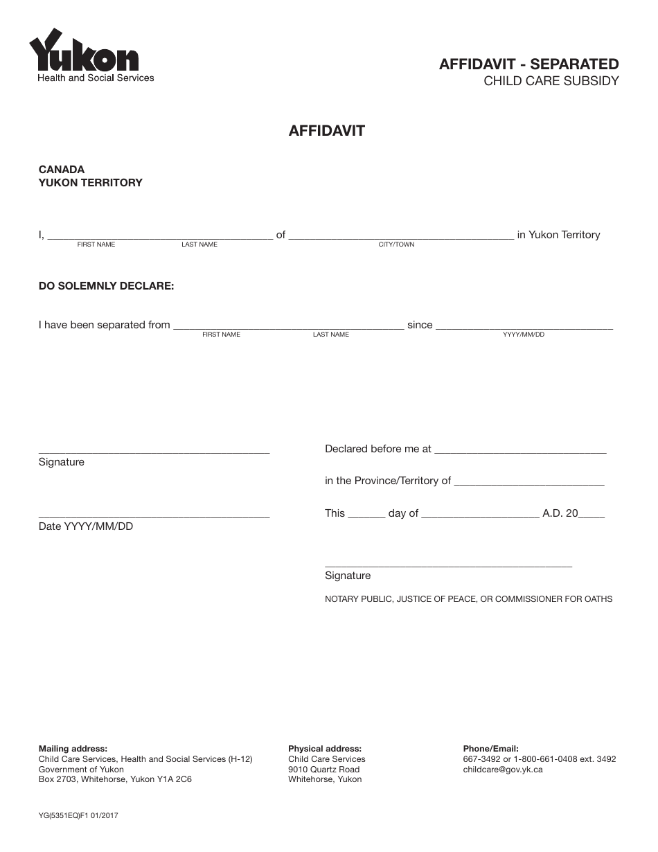 Form YG5351 Affidavit - Separated - Yukon, Canada, Page 1