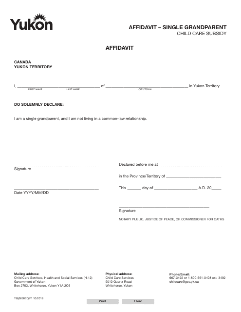 Form YG6660 Affidavit - Single Grandparent - Yukon, Canada