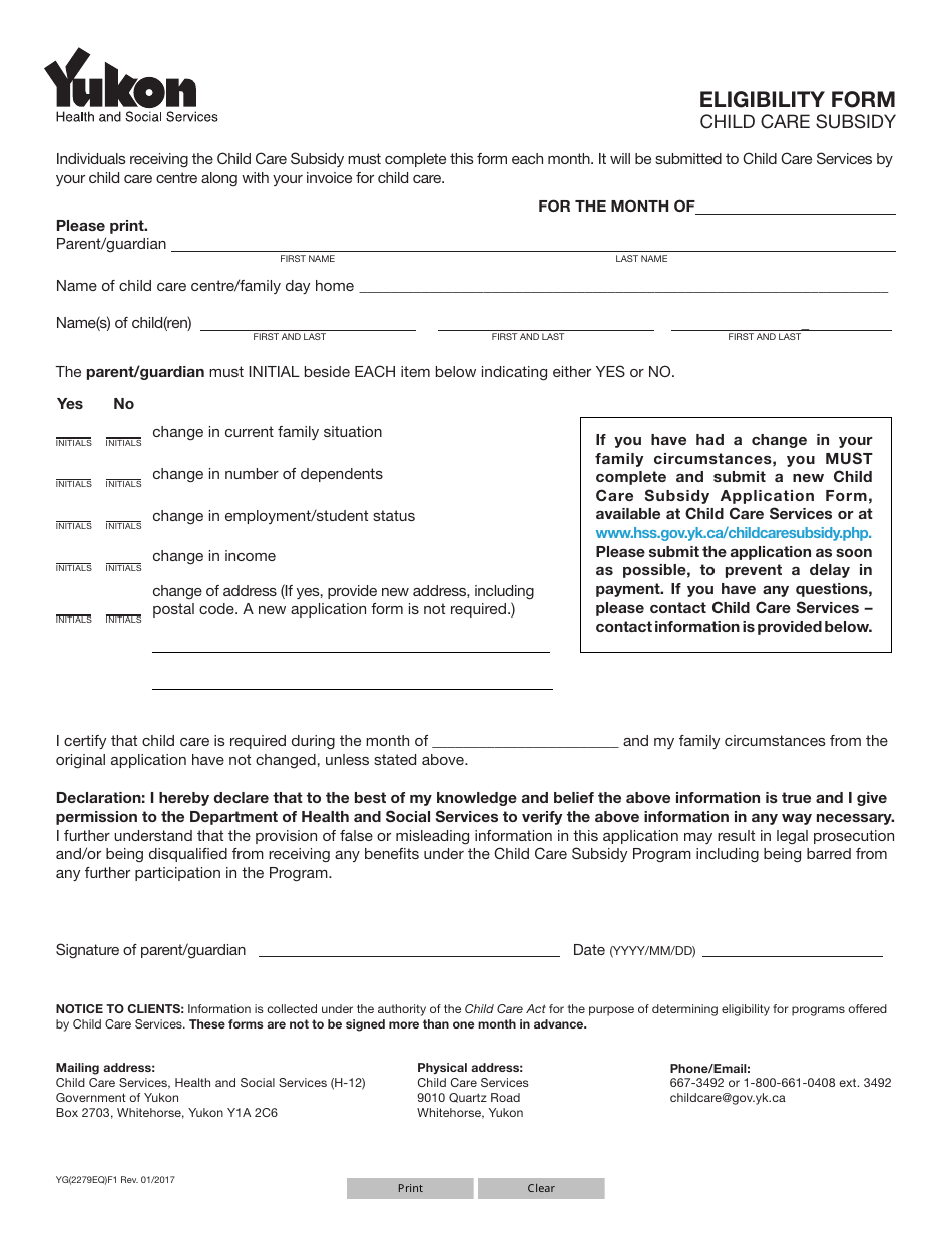 Form YG2279 Eligibility Form - Yukon, Canada, Page 1