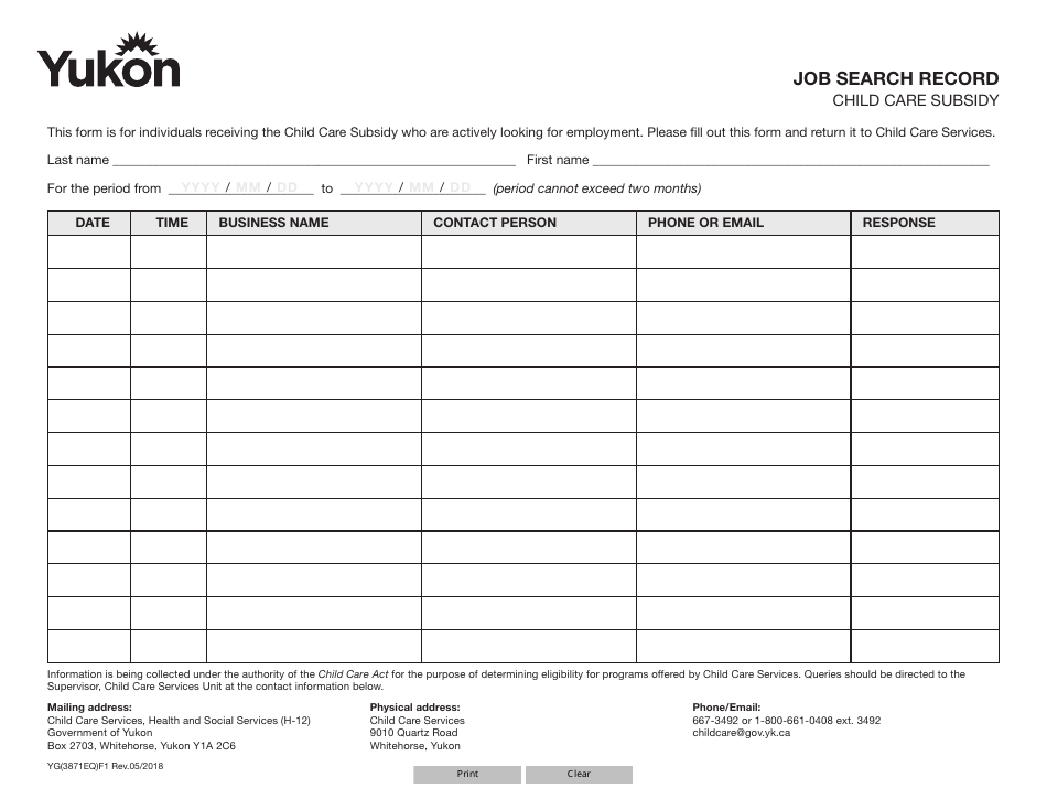 Form YG3871 Job Search Record - Yukon, Canada, Page 1