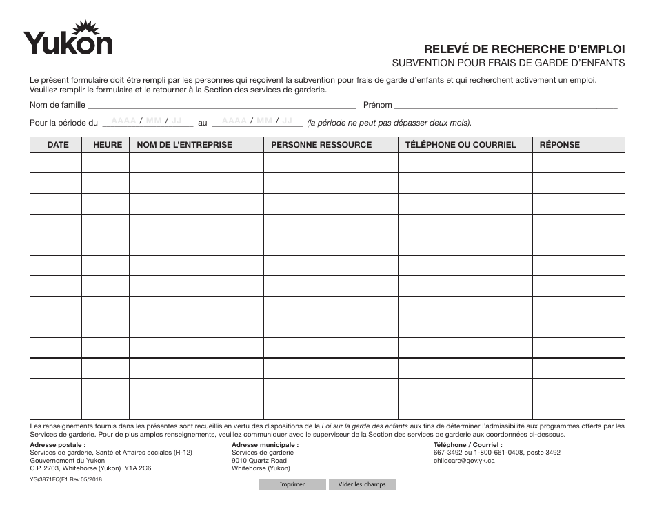 Forme YG3871 Job Search Record - Yukon, Canada (French), Page 1