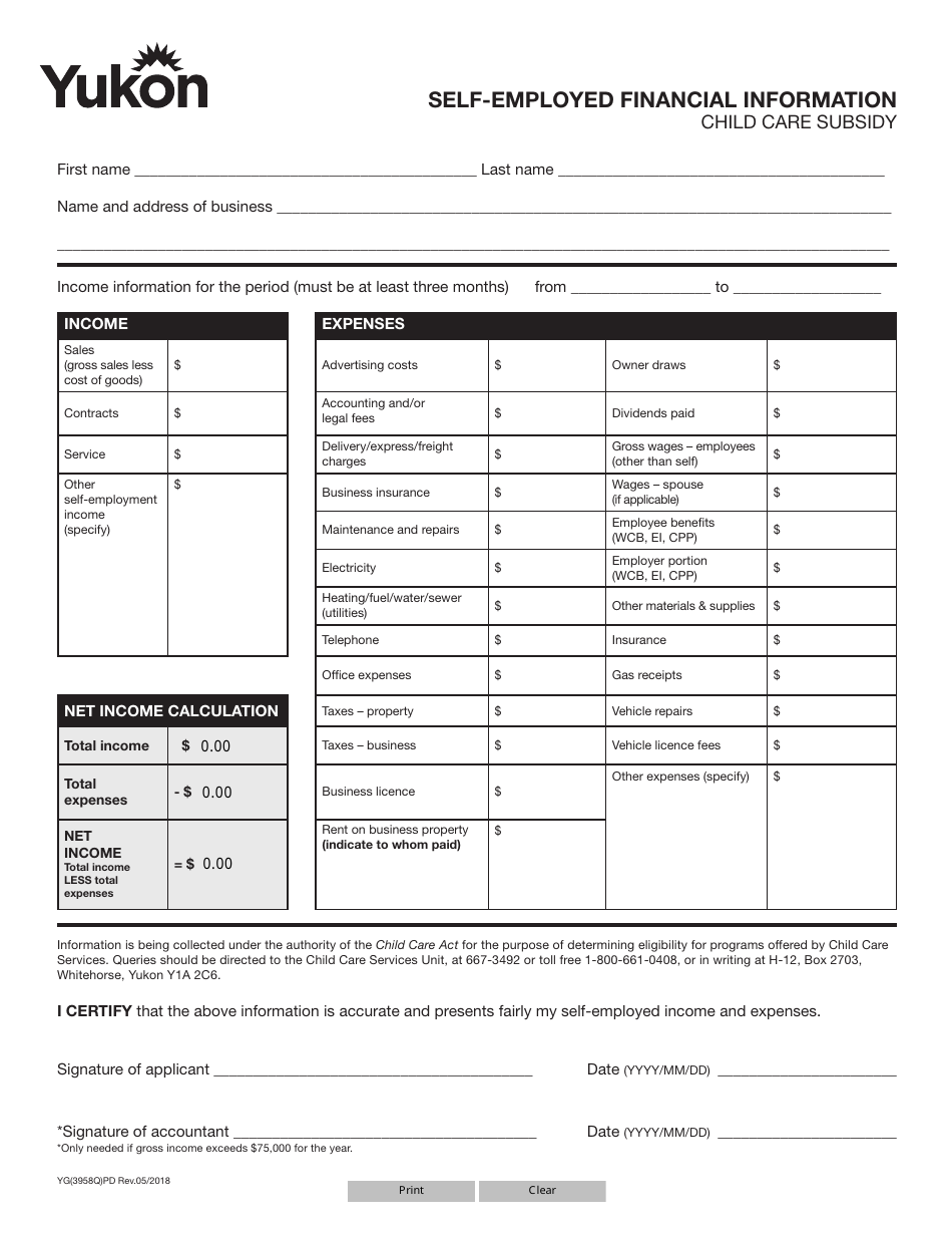 Form YG3958 Self-employed Financial Information - Yukon, Canada, Page 1