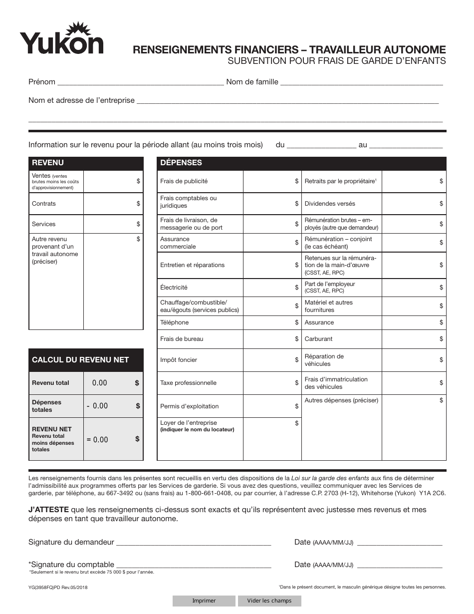 Forme YG3958 Self-employed Financial Information - Yukon, Canada (French), Page 1