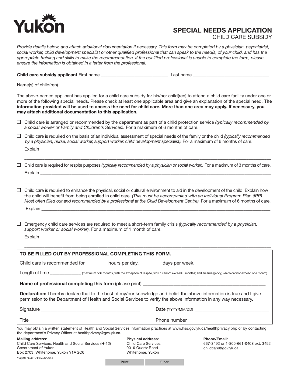 Form YG3957 Special Needs Application - Yukon, Canada, Page 1