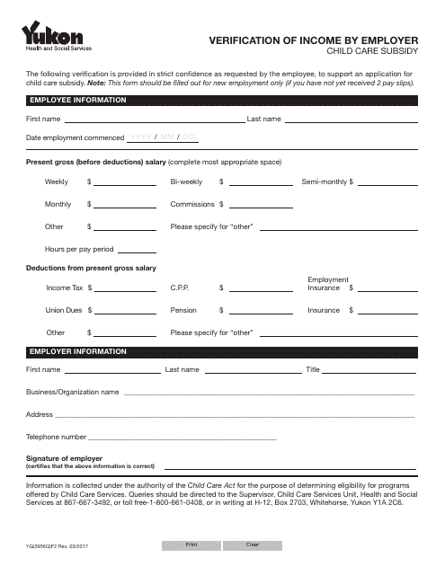 Form YG3956 Verification of Income by Employer - Yukon, Canada