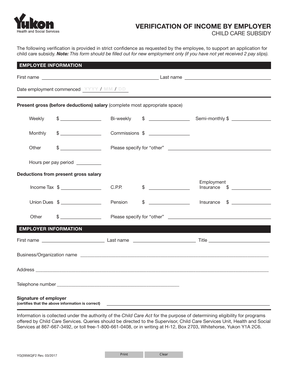 Form YG3956 Verification of Income by Employer - Yukon, Canada, Page 1