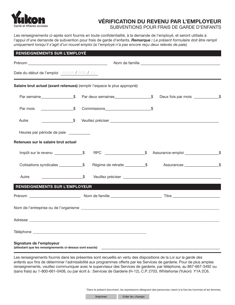 Forme YG3956 Verification of Income by Employer - Yukon, Canada (French), Page 1