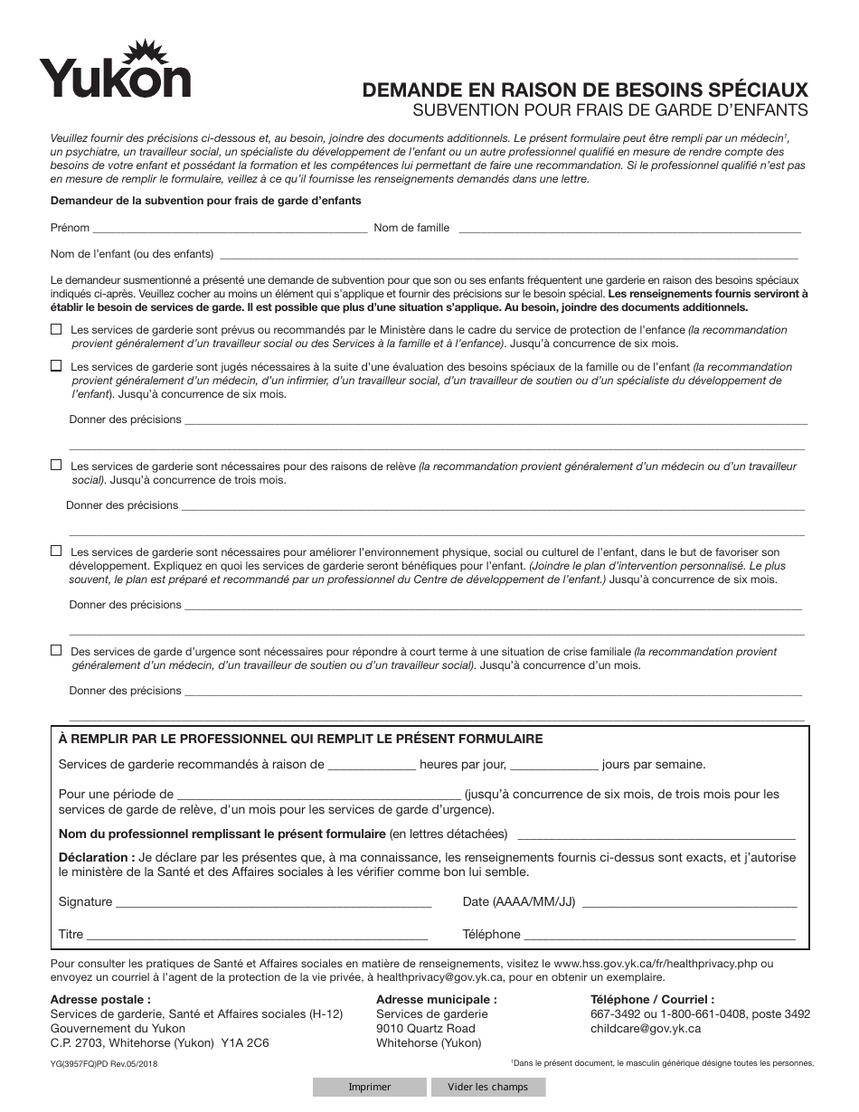 Forme YG3957 Special Needs Application - Yukon, Canada (French), Page 1