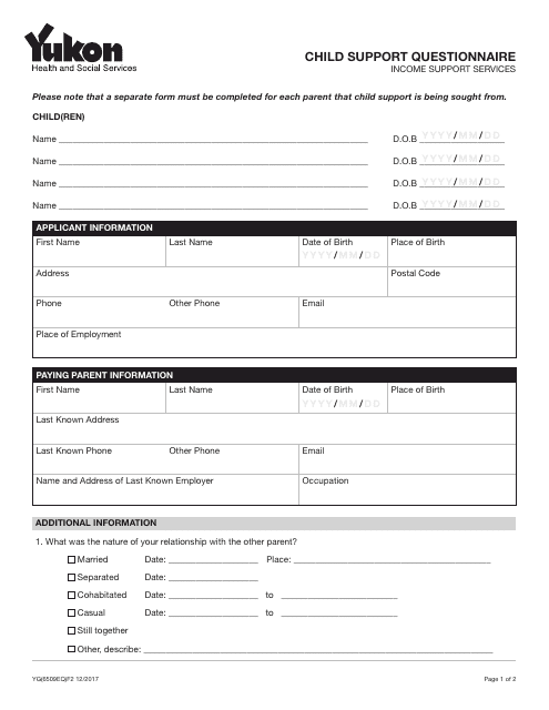 Form YG6509 Child Support Questionnaire - Yukon, Canada