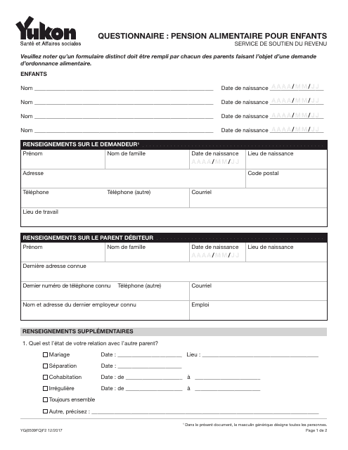 Forme YG6509 Child Support Questionnaire - Yukon, Canada (French)