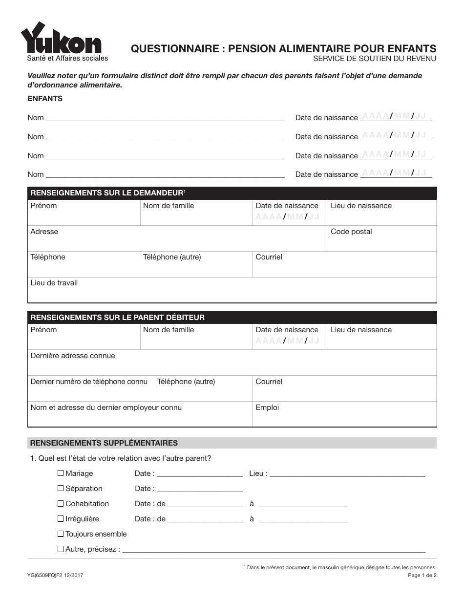 Forme YG6509 Child Support Questionnaire - Yukon, Canada (French), Page 1
