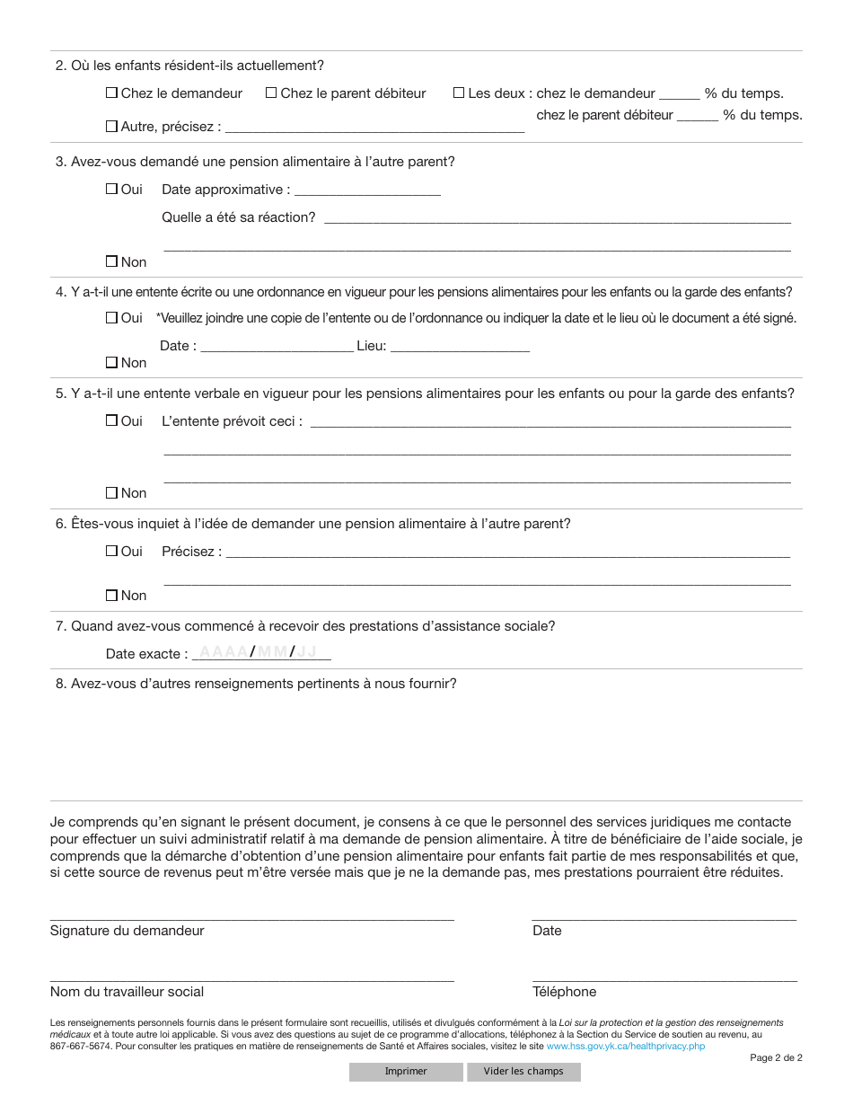 Forme YG6509 Child Support Questionnaire - Yukon, Canada (French), Page 2