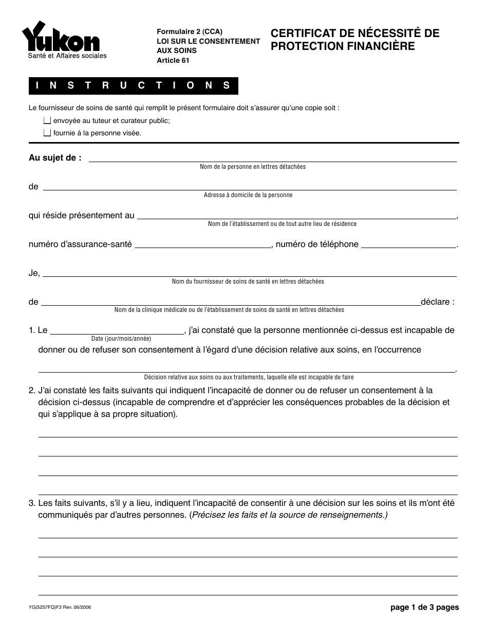 Forme 2 (YG5257) Certificate of Need for Financial Protection - Yukon, Canada (French), Page 1