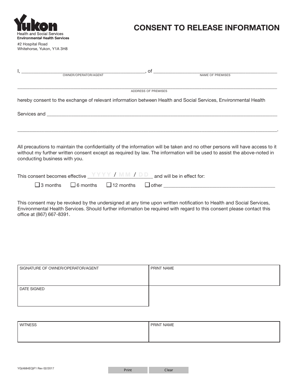 Form YG4684 Consent to Release Information - Yukon, Canada, Page 1