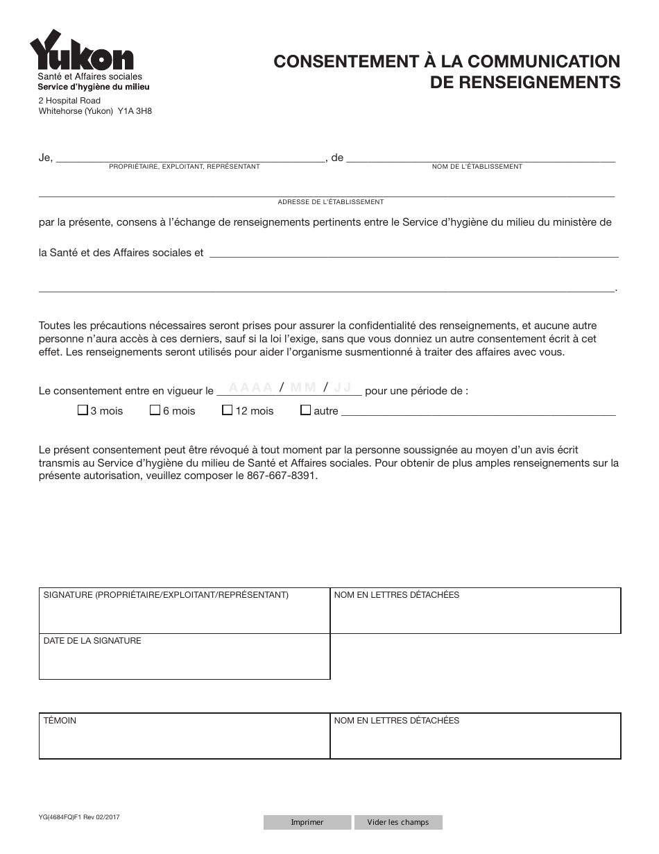 Forme YG4684 Consent to Release Information - Yukon, Canada (French), Page 1