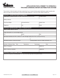 Form YG5452 Application for a Permit to Operate a Trucked Drinking Water Distribution System - Yukon, Canada