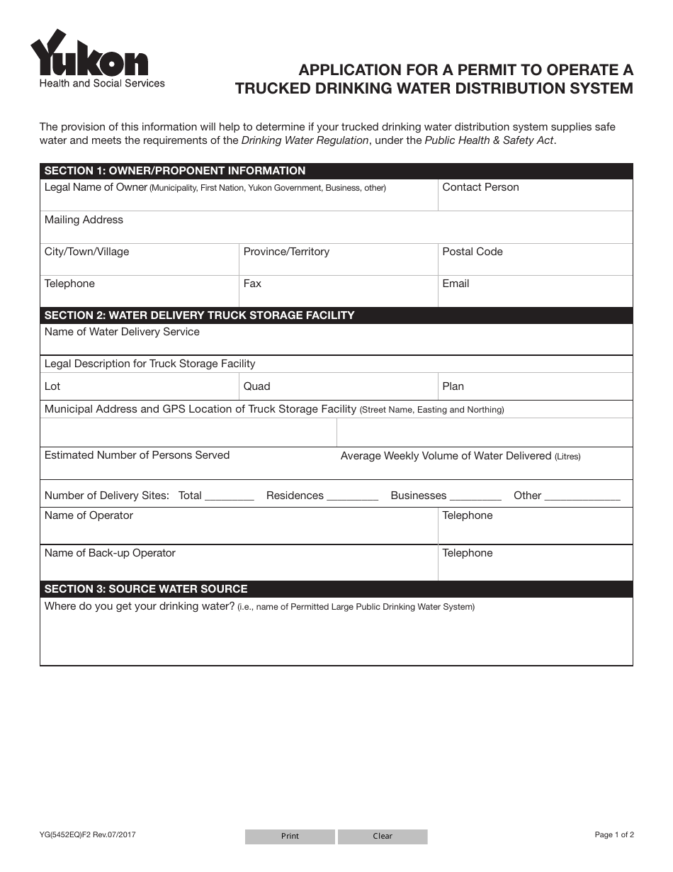 Form YG5452 Application for a Permit to Operate a Trucked Drinking Water Distribution System - Yukon, Canada, Page 1