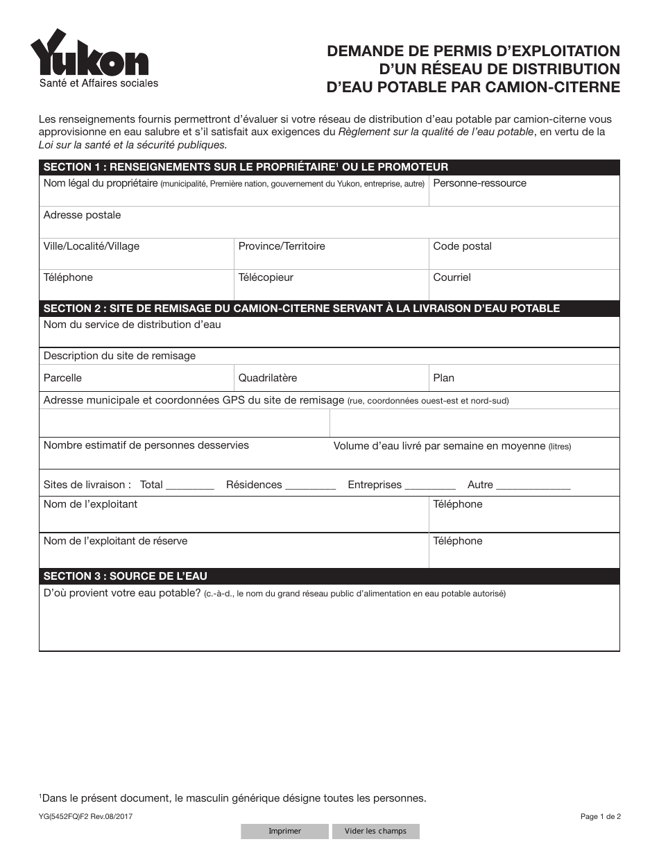 Forme YG5452 Application for a Permit to Operate a Trucked Drinking Water Distribution System - Yukon, Canada (French), Page 1