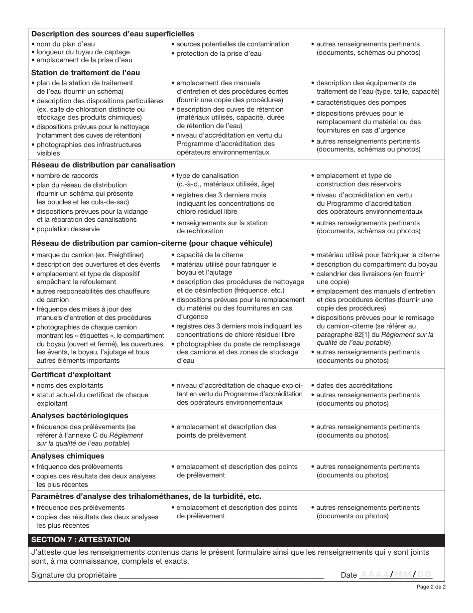 Forme YG5453 Demande De Permis Dexploitation Dun Grand Reseau Public Dalimentation En Eau Potable - Yukon, Canada (French), Page 2