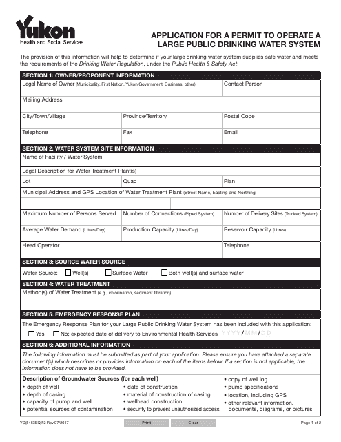 Form YG5453 Application for a Permit to Operate a Large Public Drinking Water System - Yukon, Canada