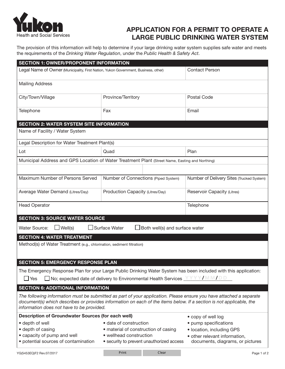 Form YG5453 Application for a Permit to Operate a Large Public Drinking Water System - Yukon, Canada, Page 1