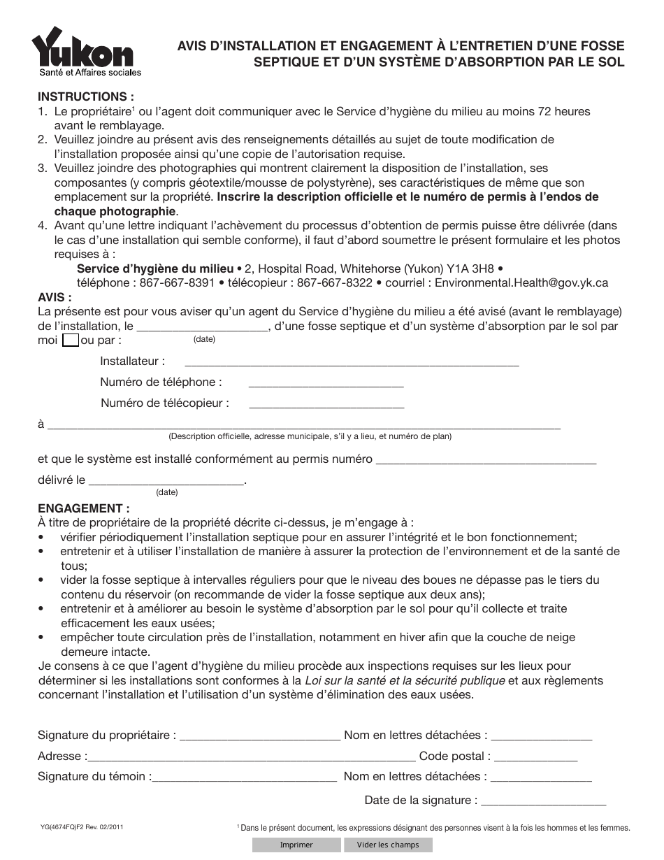 Forme YG4674 Avis Dinstallation Et Engagement a Lentretien Dune Fosse Septique Et Dun Systeme Dabsorption Par Le Sol - Yukon, Canada (French), Page 1