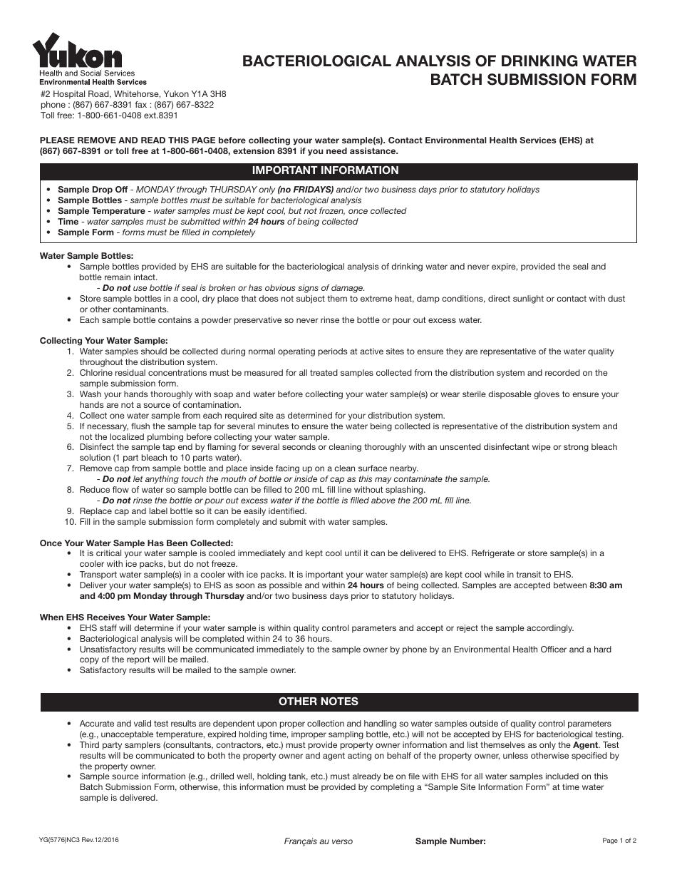 Form YG5776 Bacteriological Analysis of Drinking Water Batch Submission Form - Yukon, Canada (English / French), Page 1