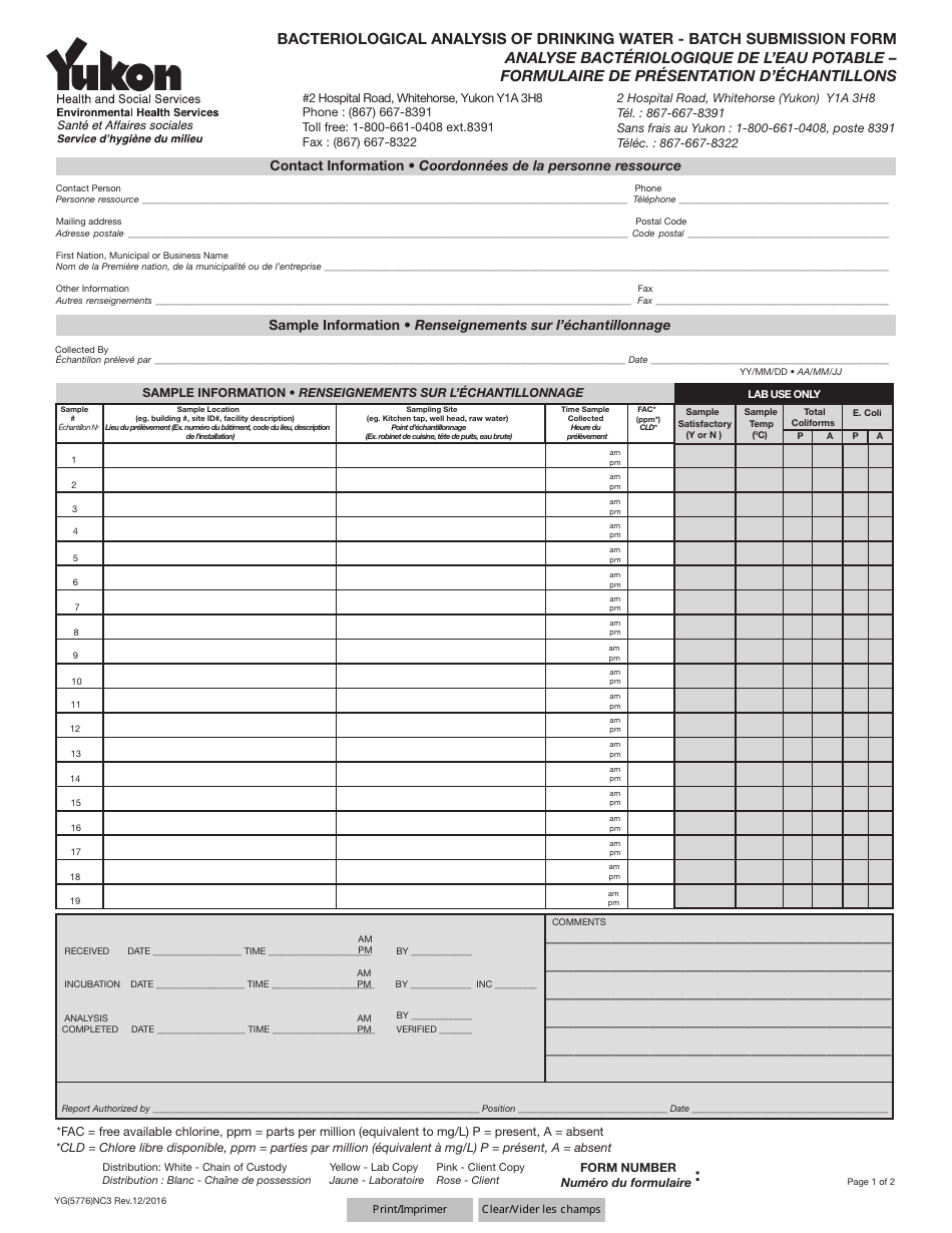 Form YG5776 Bacteriological Analysis of Drinking Water Batch Submission Form - Yukon, Canada (English / French), Page 3