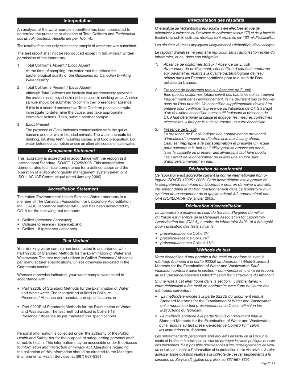 Form YG5776 Bacteriological Analysis of Drinking Water Batch Submission Form - Yukon, Canada (English / French), Page 4